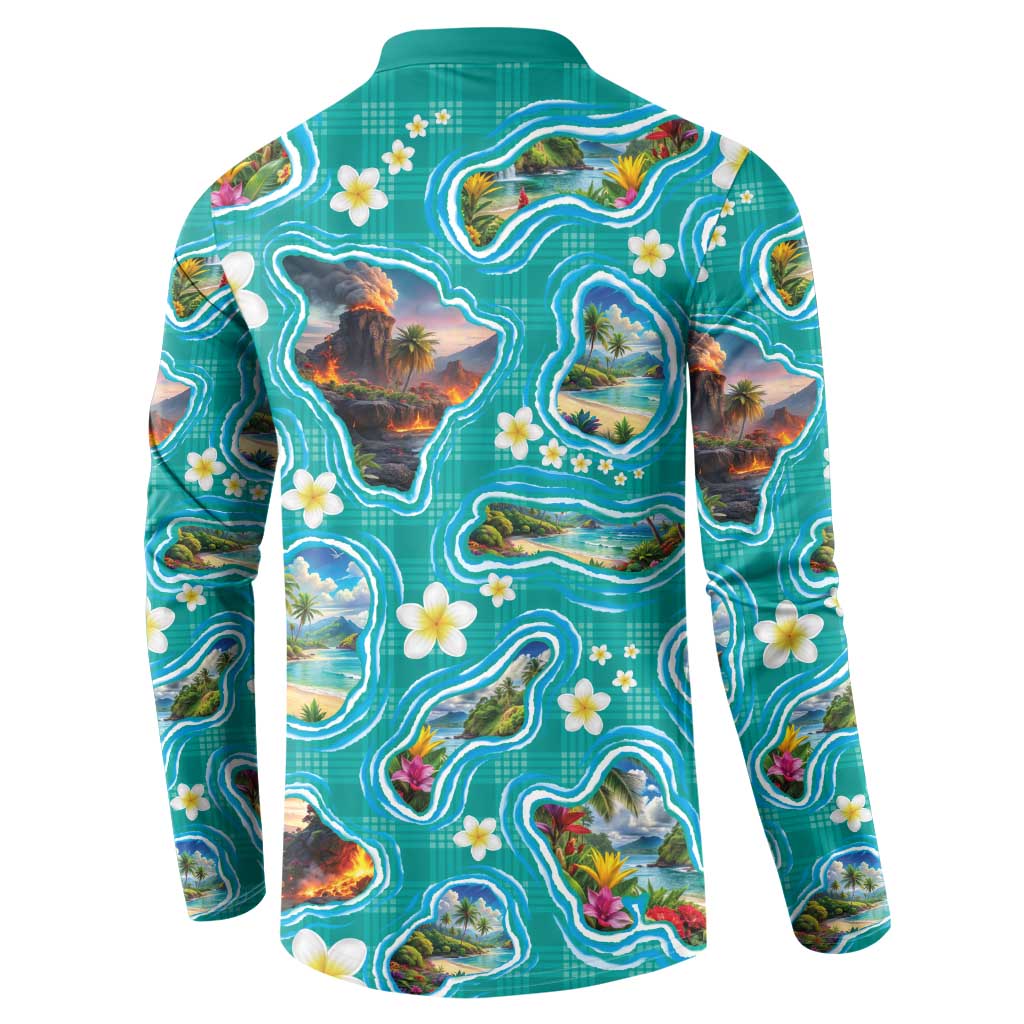 Hawaii Map with Plumeria Flower and Palaka Pattern Button Sweatshirt Tropical Island Teal Design LT03 - Polynesian Pride