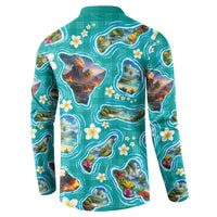 Hawaii Map with Plumeria Flower and Palaka Pattern Button Sweatshirt Tropical Island Teal Design LT03 - Polynesian Pride