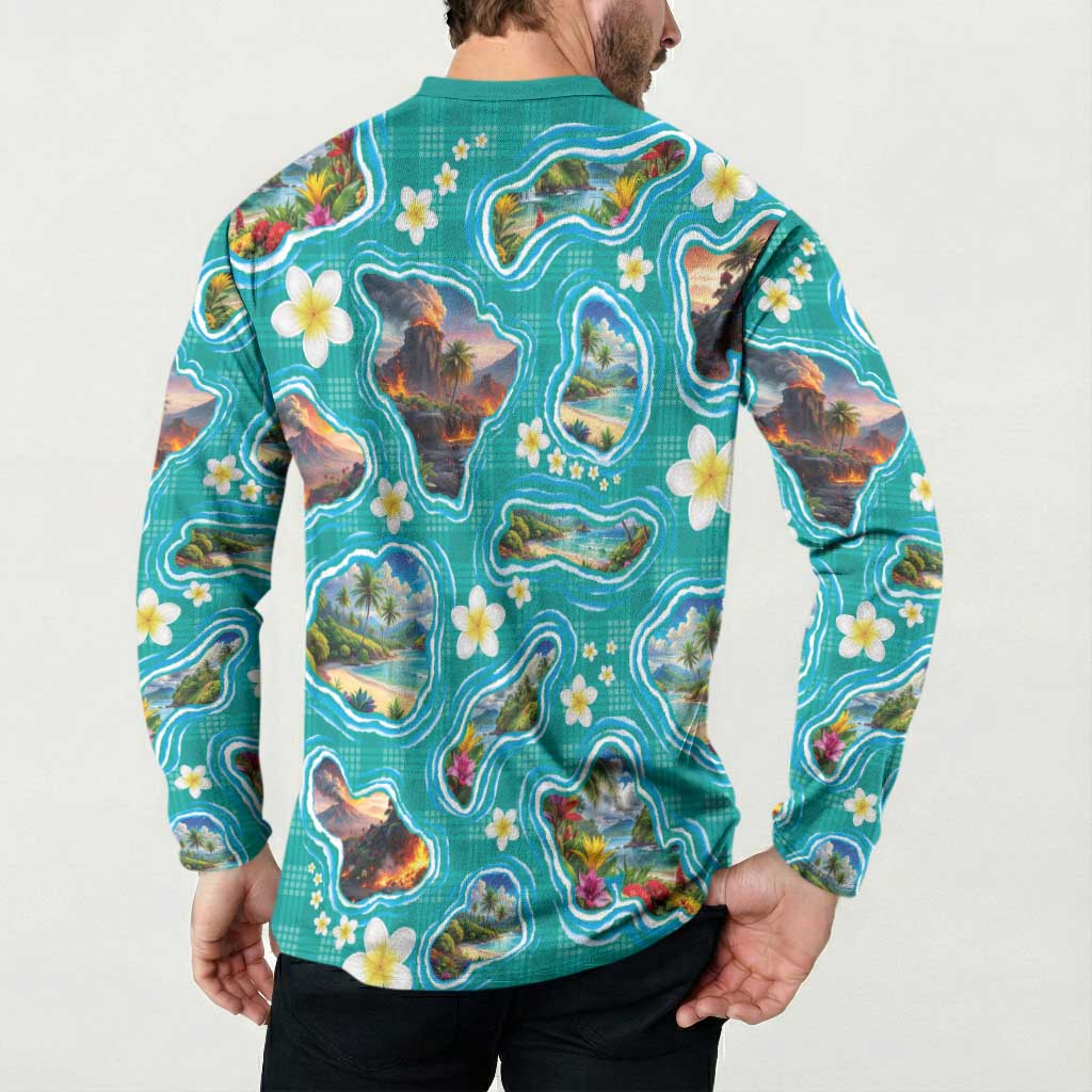 Hawaii Map with Plumeria Flower and Palaka Pattern Button Sweatshirt Tropical Island Teal Design LT03 - Polynesian Pride