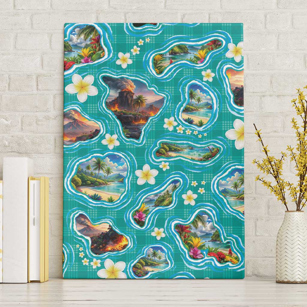 Hawaii Map with Plumeria Flower and Palaka Pattern Canvas Wall Art Tropical Island Teal Design LT03 Without Frame Teal - Polynesian Pride