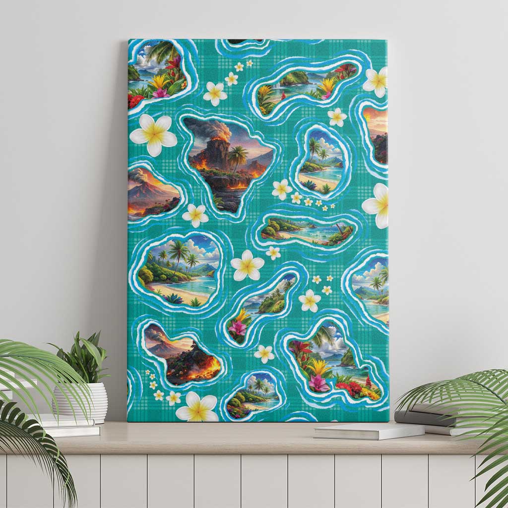 Hawaii Map with Plumeria Flower and Palaka Pattern Canvas Wall Art Tropical Island Teal Design LT03 - Polynesian Pride