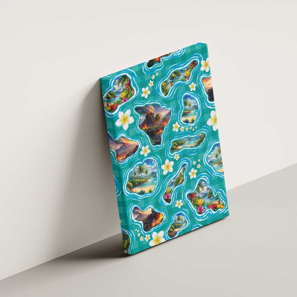 Hawaii Map with Plumeria Flower and Palaka Pattern Canvas Wall Art Tropical Island Teal Design LT03 - Polynesian Pride
