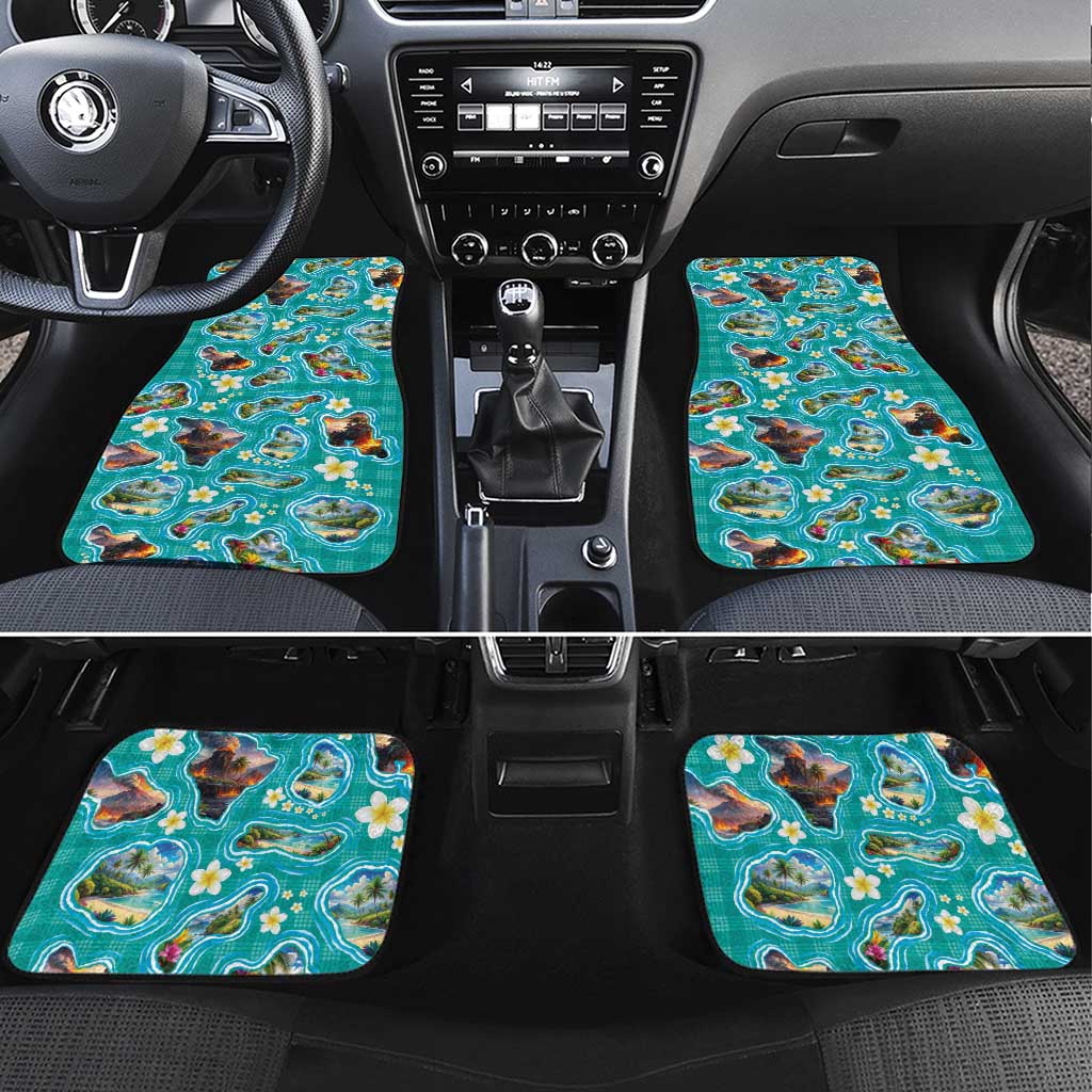 Hawaii Map with Plumeria Flower and Palaka Pattern Car Mats Tropical Island Teal Design LT03 Set 4pcs Teal - Polynesian Pride