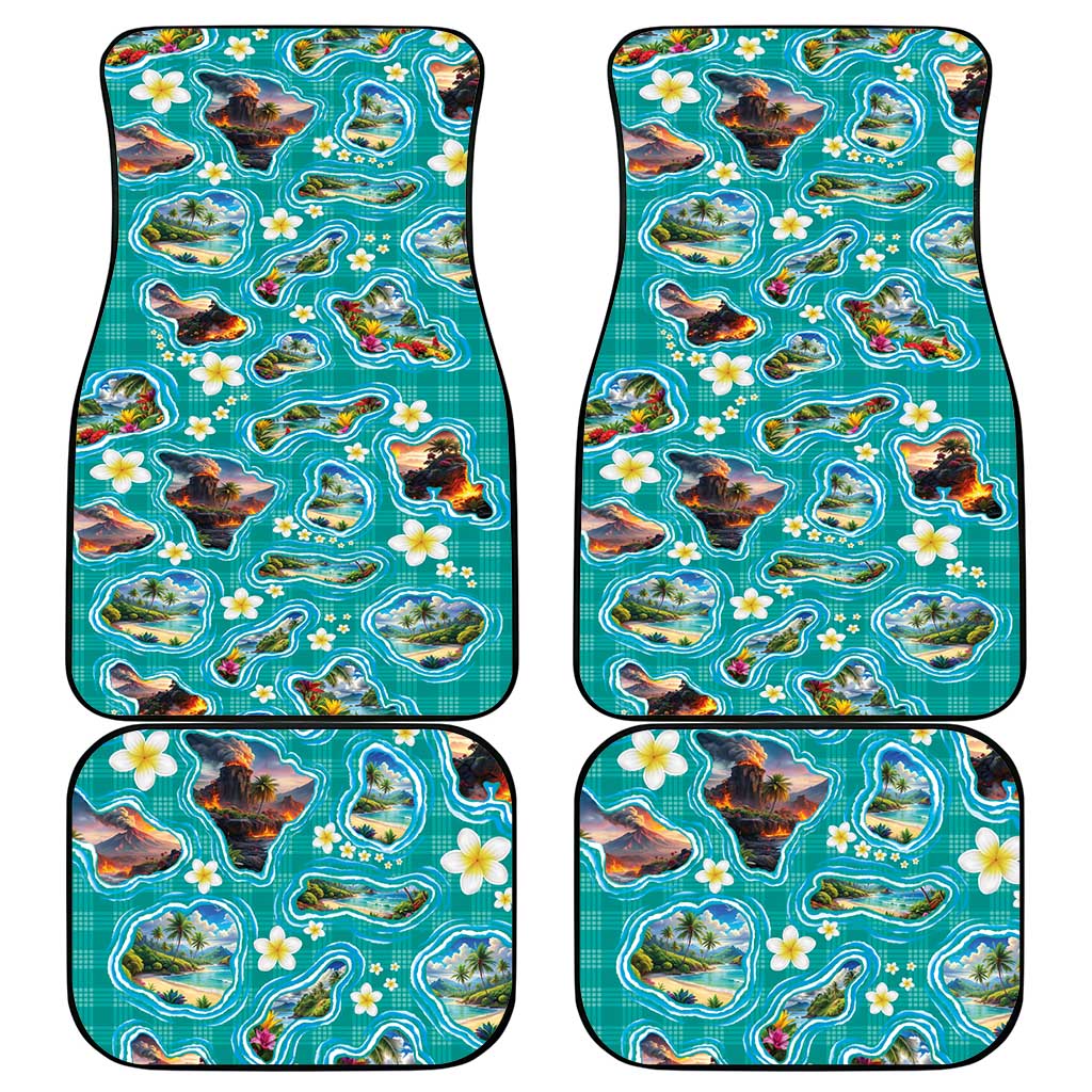 Hawaii Map with Plumeria Flower and Palaka Pattern Car Mats Tropical Island Teal Design LT03 - Polynesian Pride