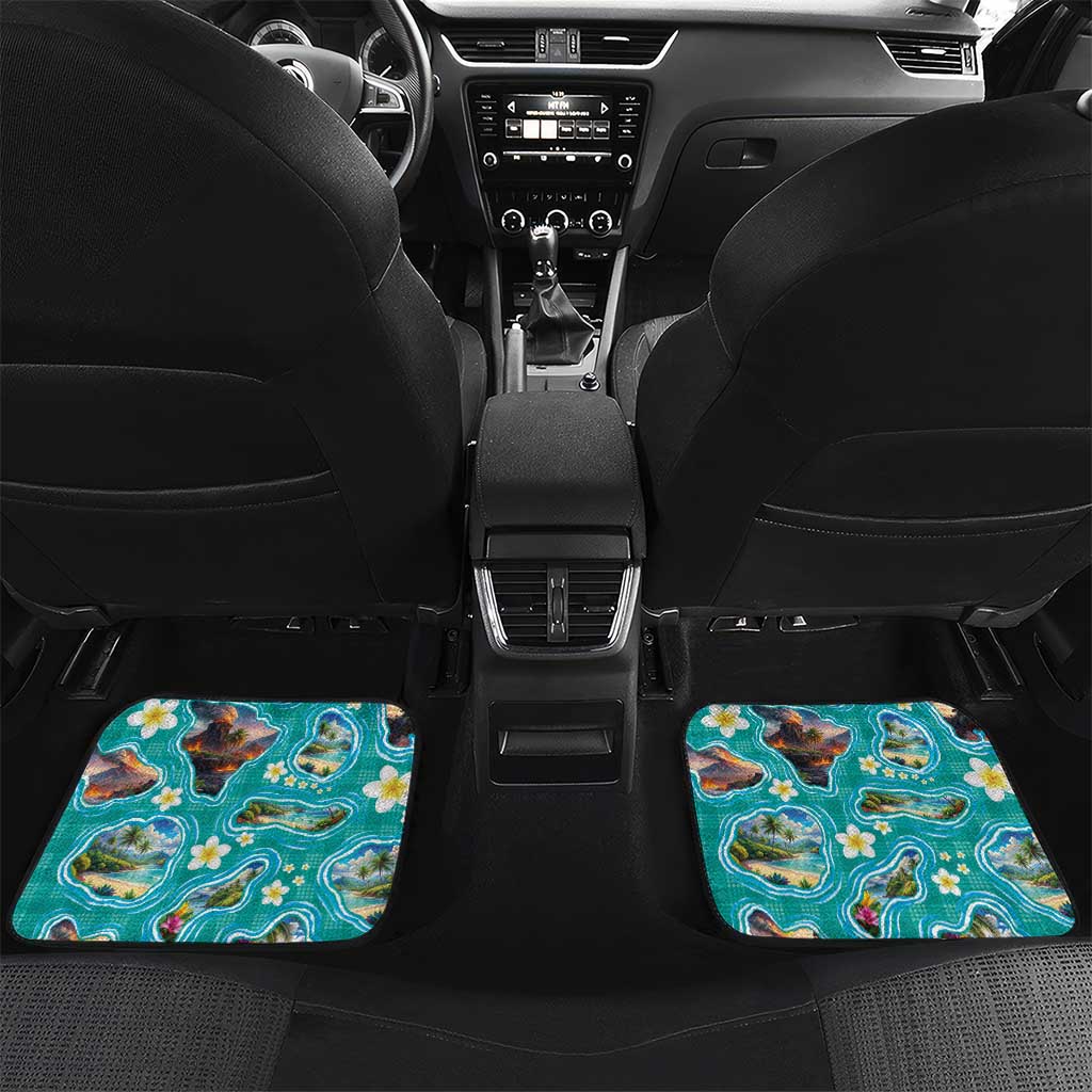 Hawaii Map with Plumeria Flower and Palaka Pattern Car Mats Tropical Island Teal Design LT03 Set 2pcs - Back Teal - Polynesian Pride