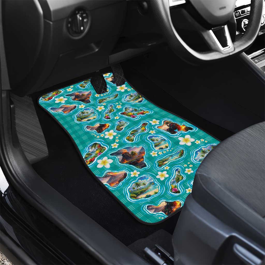 Hawaii Map with Plumeria Flower and Palaka Pattern Car Mats Tropical Island Teal Design LT03 - Polynesian Pride