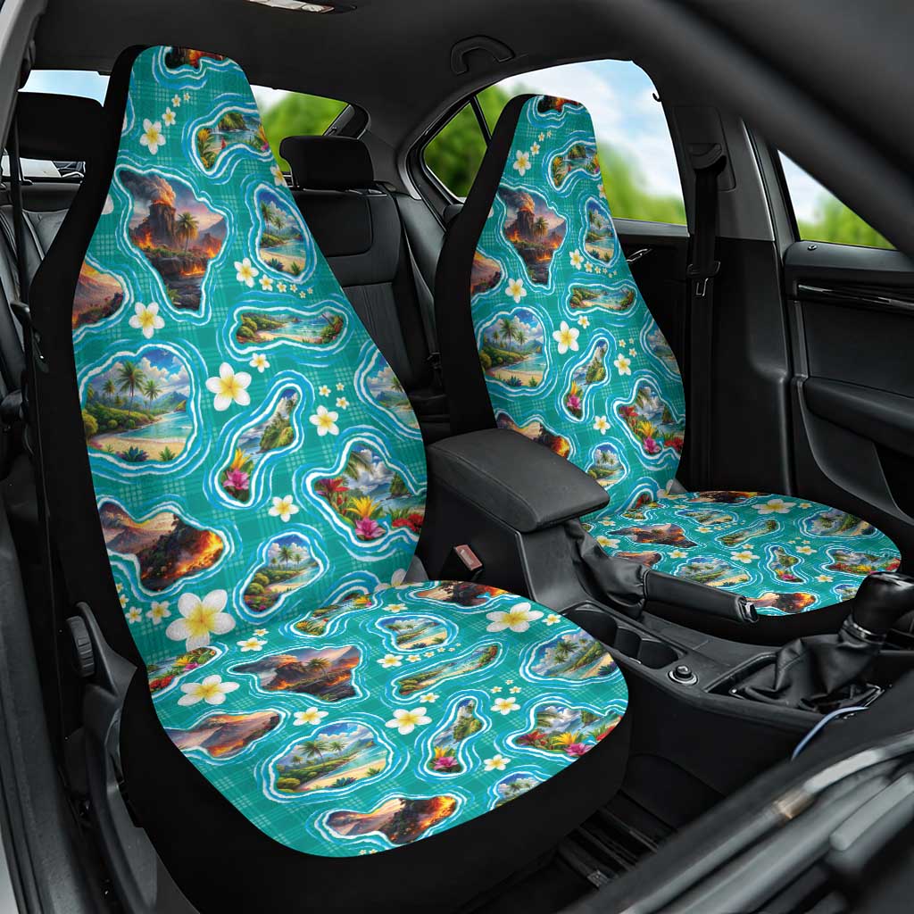 Hawaii Map with Plumeria Flower and Palaka Pattern Car Seat Cover Tropical Island Teal Design LT03 One Size Teal - Polynesian Pride