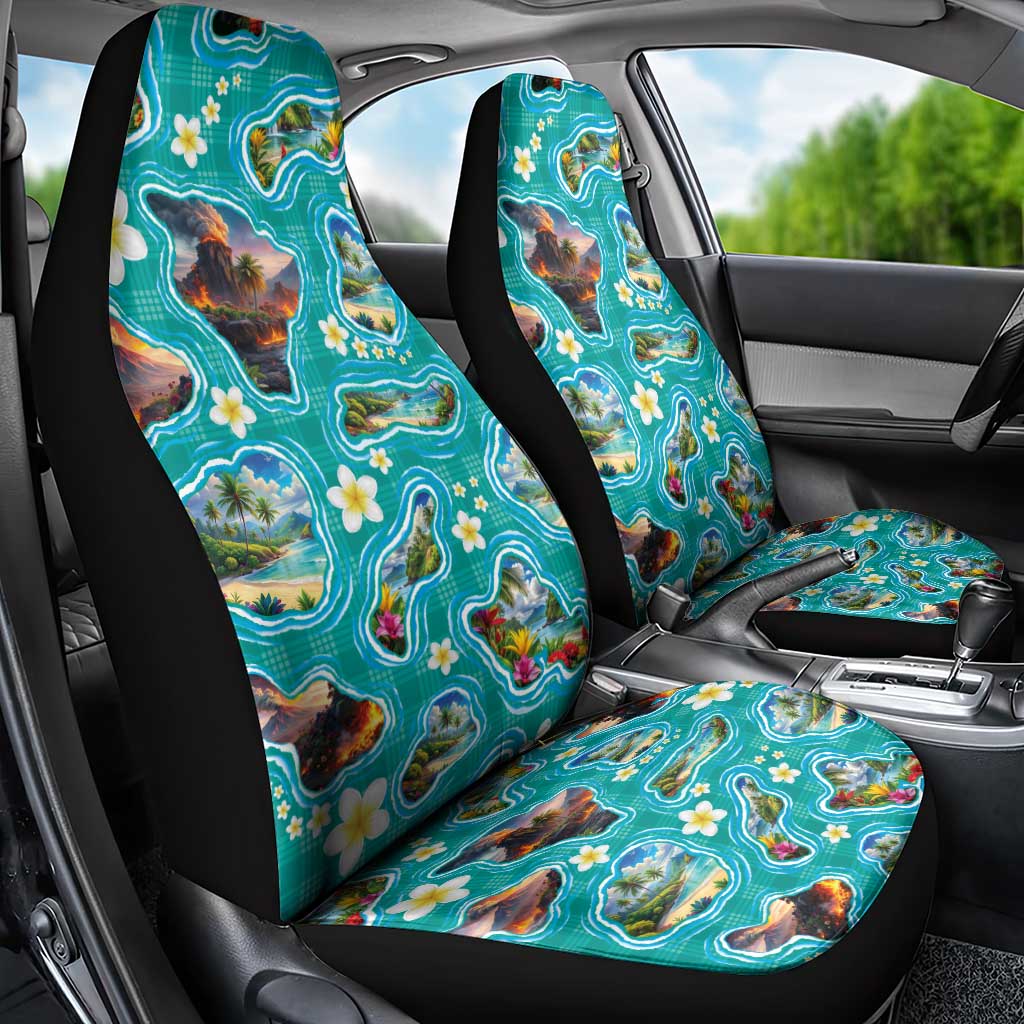 Hawaii Map with Plumeria Flower and Palaka Pattern Car Seat Cover Tropical Island Teal Design LT03 - Polynesian Pride