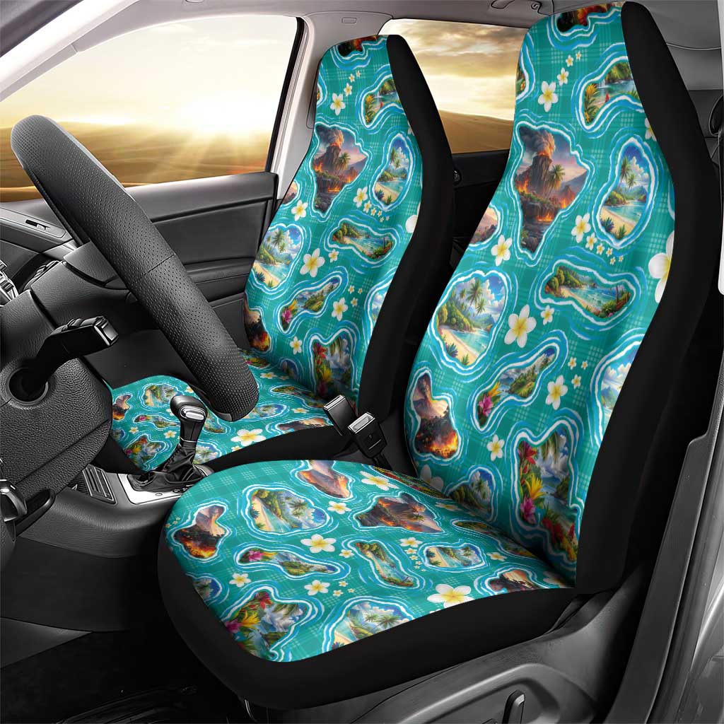 Hawaii Map with Plumeria Flower and Palaka Pattern Car Seat Cover Tropical Island Teal Design LT03 - Polynesian Pride