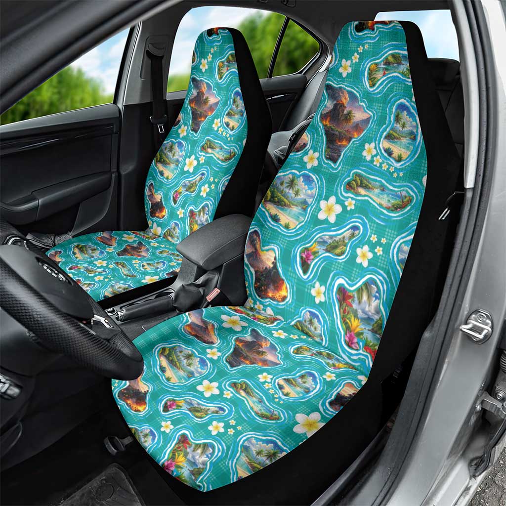 Hawaii Map with Plumeria Flower and Palaka Pattern Car Seat Cover Tropical Island Teal Design LT03 - Polynesian Pride