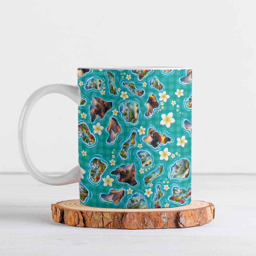 Hawaii Map with Plumeria Flower and Palaka Pattern Ceramic Mug Tropical Island Teal Design LT03 Teal - Polynesian Pride