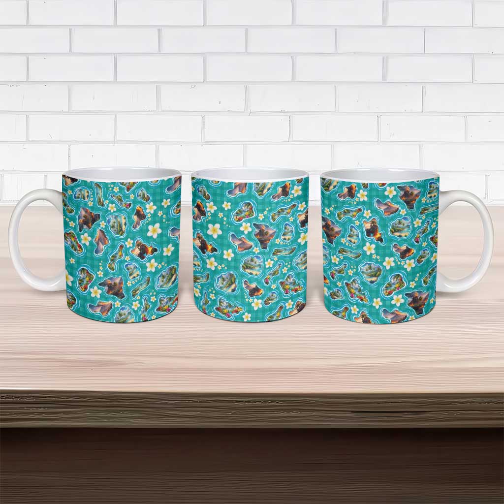 Hawaii Map with Plumeria Flower and Palaka Pattern Ceramic Mug Tropical Island Teal Design LT03 - Polynesian Pride