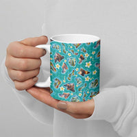 Hawaii Map with Plumeria Flower and Palaka Pattern Ceramic Mug Tropical Island Teal Design LT03 - Polynesian Pride