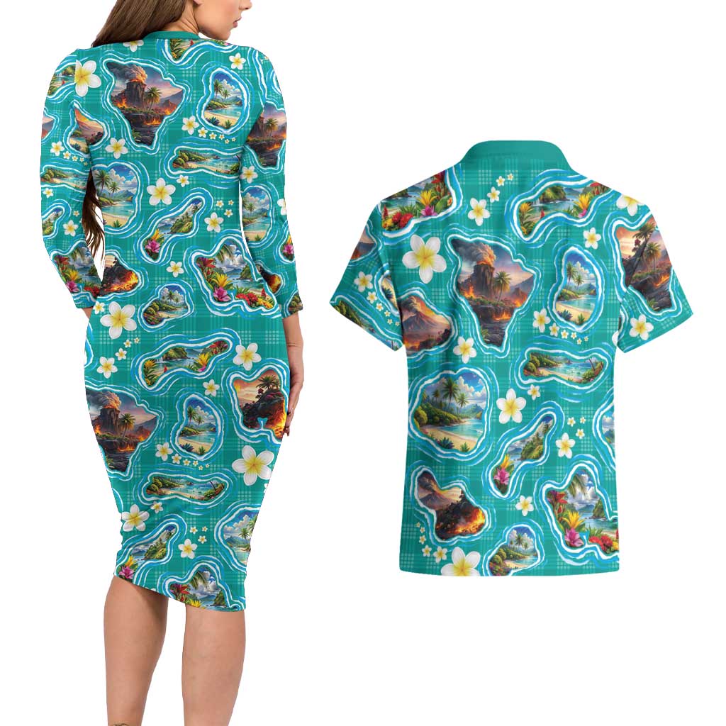 Hawaii Map with Plumeria Flower and Palaka Pattern Couples Matching Long Sleeve Bodycon Dress and Hawaiian Shirt Tropical Island Teal Design