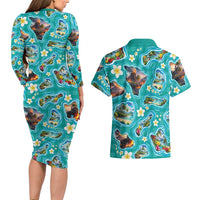 Hawaii Map with Plumeria Flower and Palaka Pattern Couples Matching Long Sleeve Bodycon Dress and Hawaiian Shirt Tropical Island Teal Design