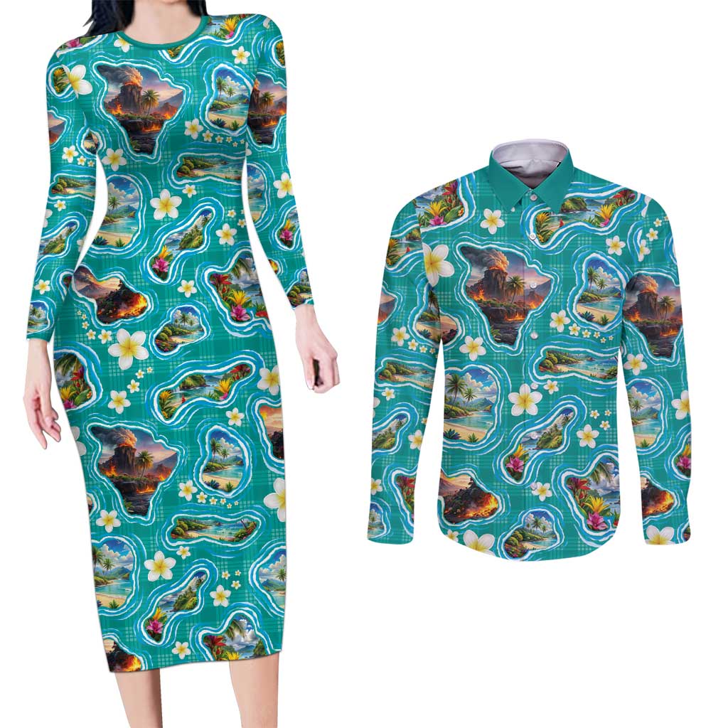 Hawaii Map with Plumeria Flower and Palaka Pattern Couples Matching Long Sleeve Bodycon Dress and Long Sleeve Button Shirt Tropical Island Teal Design LT03 Teal - Polynesian Pride