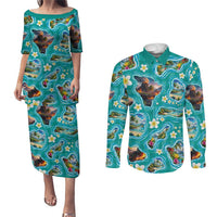 Hawaii Map with Plumeria Flower and Palaka Pattern Couples Matching Puletasi and Long Sleeve Button Shirt Tropical Island Teal Design LT03 Teal - Polynesian Pride