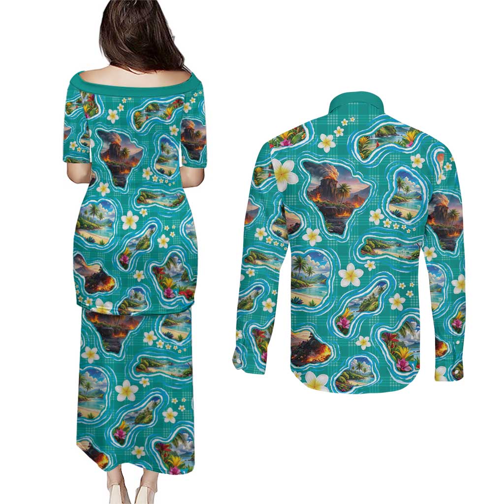 Hawaii Map with Plumeria Flower and Palaka Pattern Couples Matching Puletasi and Long Sleeve Button Shirt Tropical Island Teal Design LT03 - Polynesian Pride