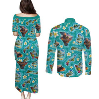 Hawaii Map with Plumeria Flower and Palaka Pattern Couples Matching Puletasi and Long Sleeve Button Shirt Tropical Island Teal Design LT03 - Polynesian Pride