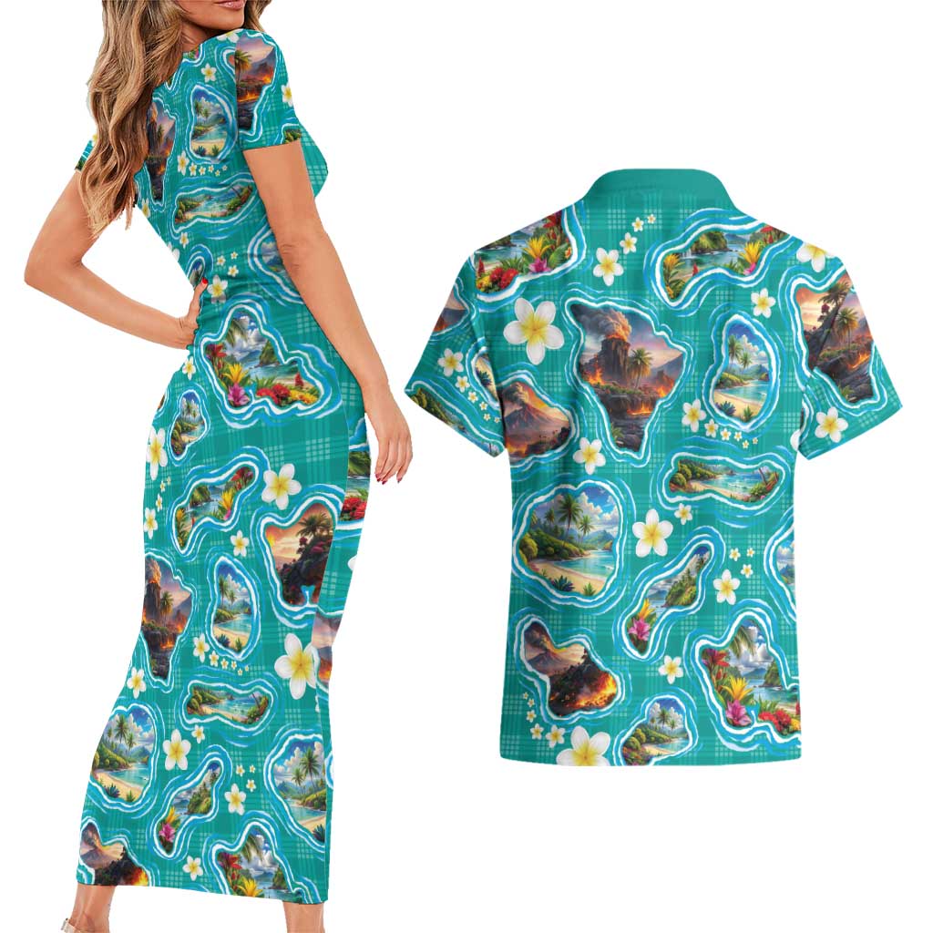 Hawaii Map with Plumeria Flower and Palaka Pattern Couples Matching Short Sleeve Bodycon Dress and Hawaiian Shirt Tropical Island Teal Design