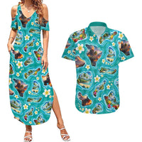 Hawaii Map with Plumeria Flower and Palaka Pattern Couples Matching Summer Maxi Dress and Hawaiian Shirt Tropical Island Teal Design