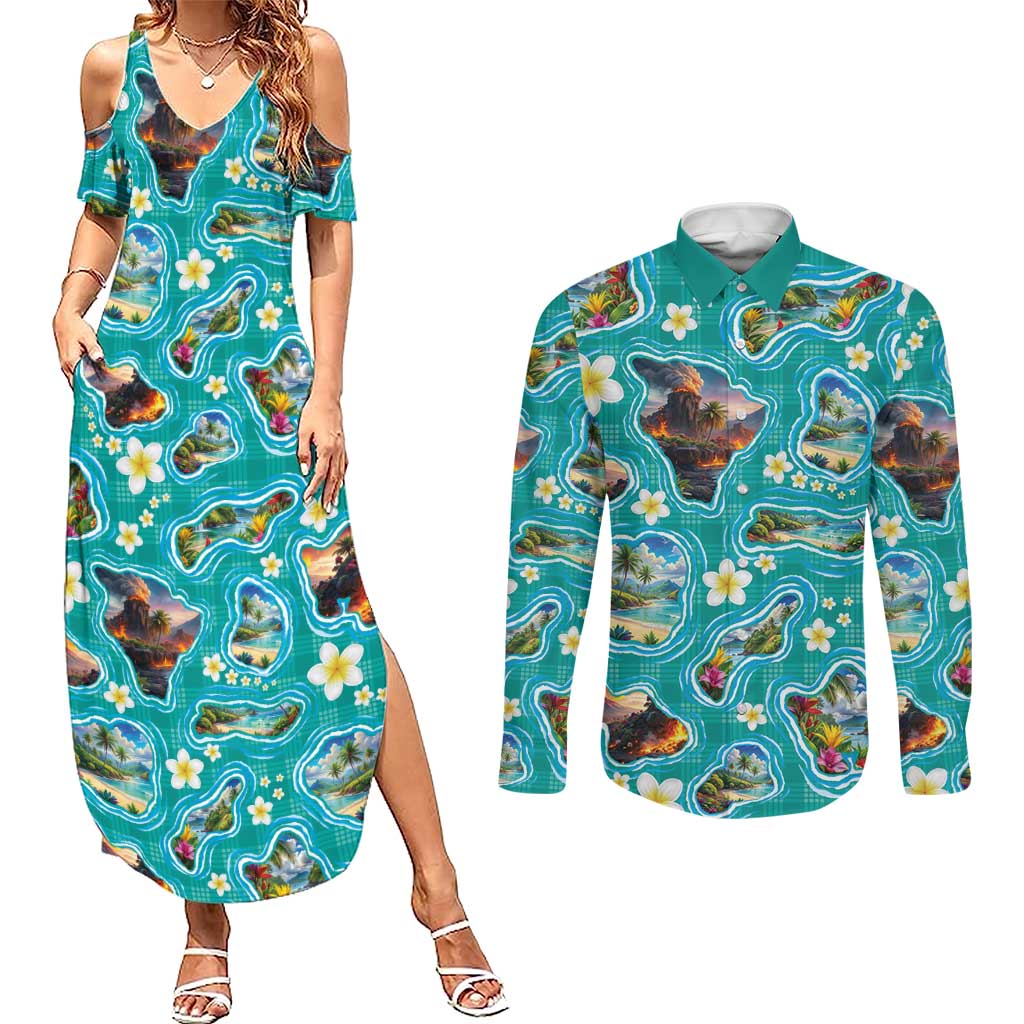 Hawaii Map with Plumeria Flower and Palaka Pattern Couples Matching Summer Maxi Dress and Long Sleeve Button Shirt Tropical Island Teal Design LT03 Teal - Polynesian Pride