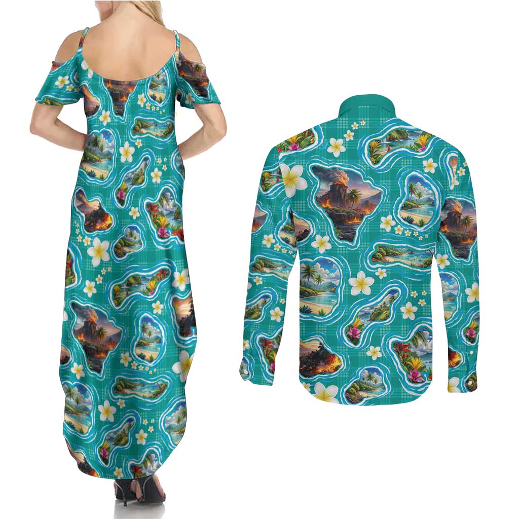Hawaii Map with Plumeria Flower and Palaka Pattern Couples Matching Summer Maxi Dress and Long Sleeve Button Shirt Tropical Island Teal Design LT03 - Polynesian Pride