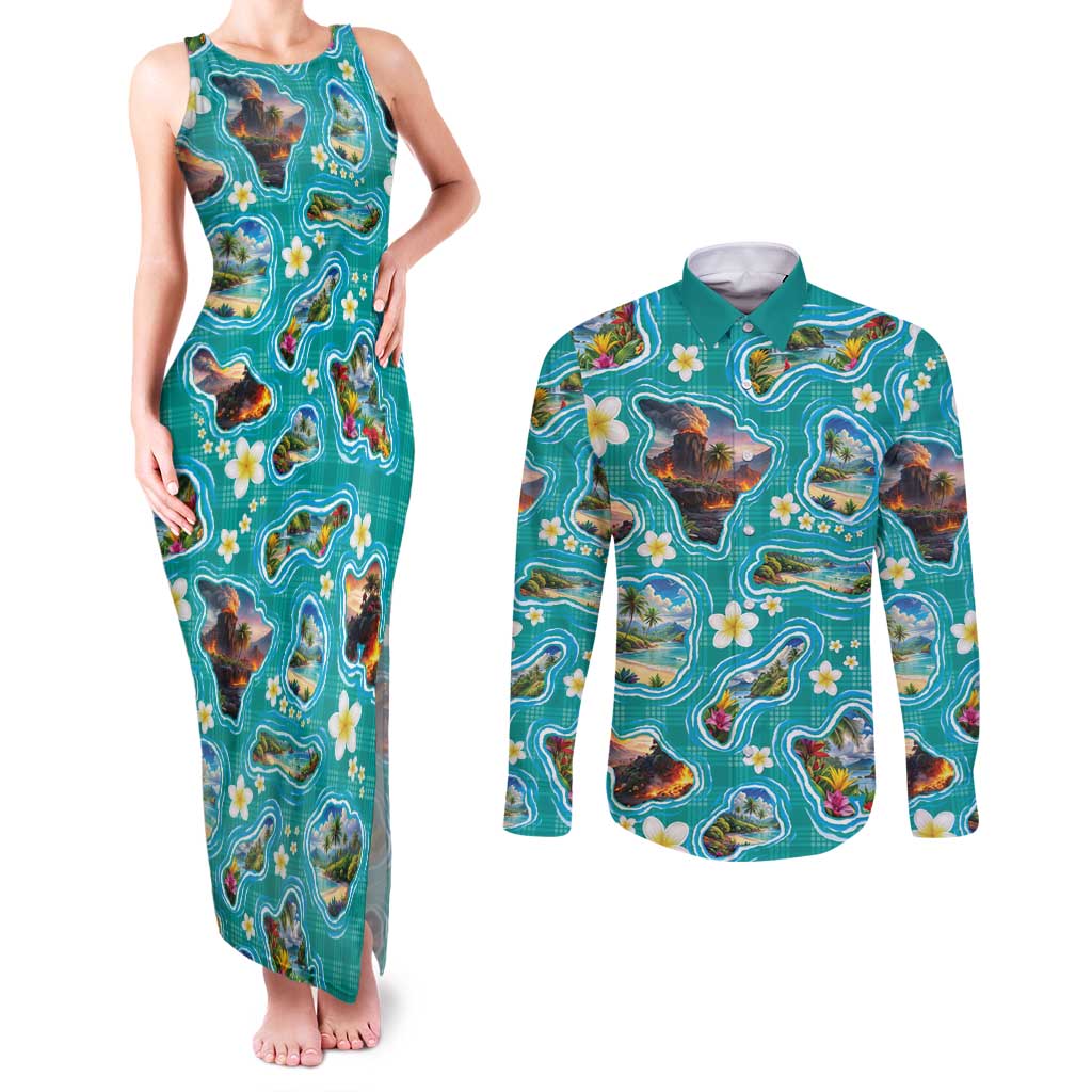 Hawaii Map with Plumeria Flower and Palaka Pattern Couples Matching Tank Maxi Dress and Long Sleeve Button Shirt Tropical Island Teal Design LT03 Teal - Polynesian Pride