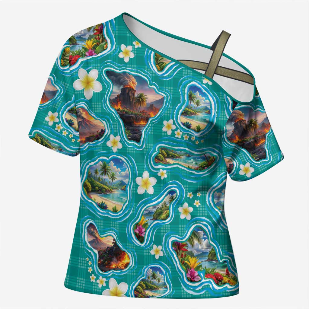 Hawaii Map with Plumeria Flower and Palaka Pattern Cross Shoulder Shirt Tropical Island Teal Design LT03 Female Teal - Polynesian Pride
