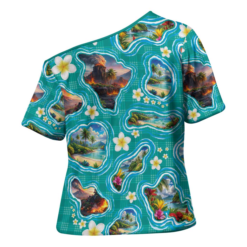 Hawaii Map with Plumeria Flower and Palaka Pattern Cross Shoulder Shirt Tropical Island Teal Design LT03 - Polynesian Pride
