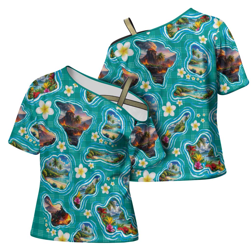 Hawaii Map with Plumeria Flower and Palaka Pattern Cross Shoulder Shirt Tropical Island Teal Design LT03 - Polynesian Pride