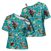 Hawaii Map with Plumeria Flower and Palaka Pattern Cross Shoulder Shirt Tropical Island Teal Design LT03 - Polynesian Pride