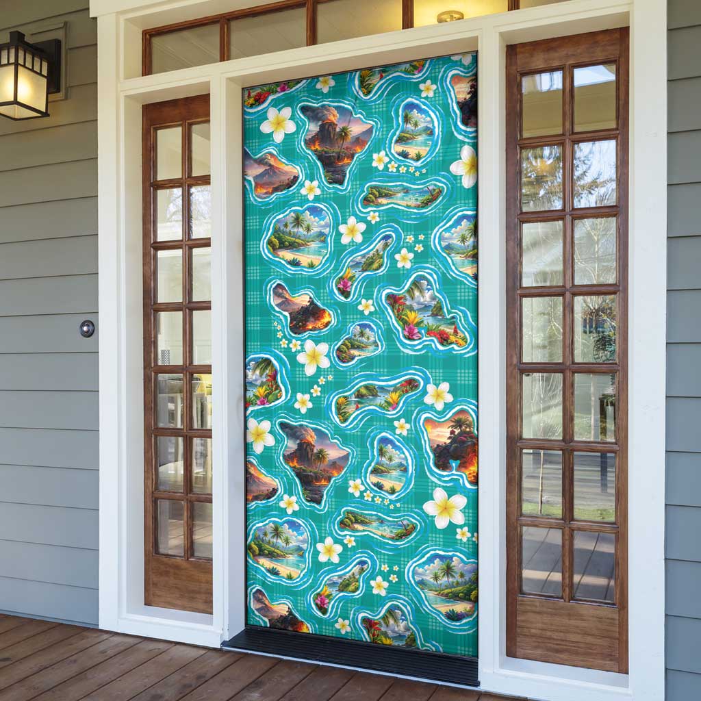 Hawaii Map with Plumeria Flower and Palaka Pattern Door Cover Tropical Island Teal Design LT03 - Polynesian Pride