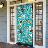 Hawaii Map with Plumeria Flower and Palaka Pattern Door Cover Tropical Island Teal Design LT03 - Polynesian Pride