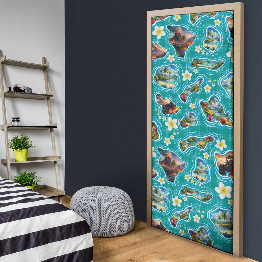 Hawaii Map with Plumeria Flower and Palaka Pattern Door Cover Tropical Island Teal Design LT03 - Polynesian Pride
