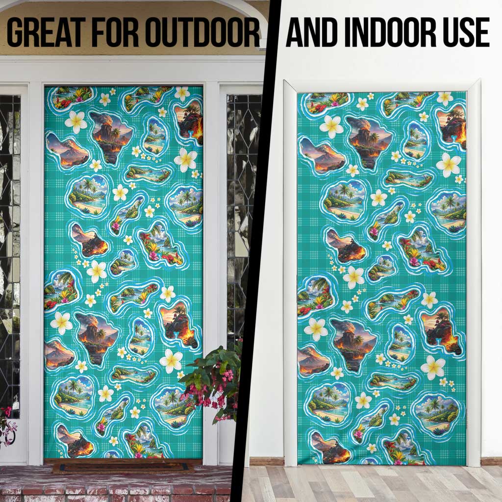 Hawaii Map with Plumeria Flower and Palaka Pattern Door Cover Tropical Island Teal Design LT03 - Polynesian Pride