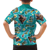 Hawaii Map with Plumeria Flower and Palaka Pattern Family Matching Off The Shoulder Long Sleeve Dress and Hawaiian Shirt Tropical Island Teal Design