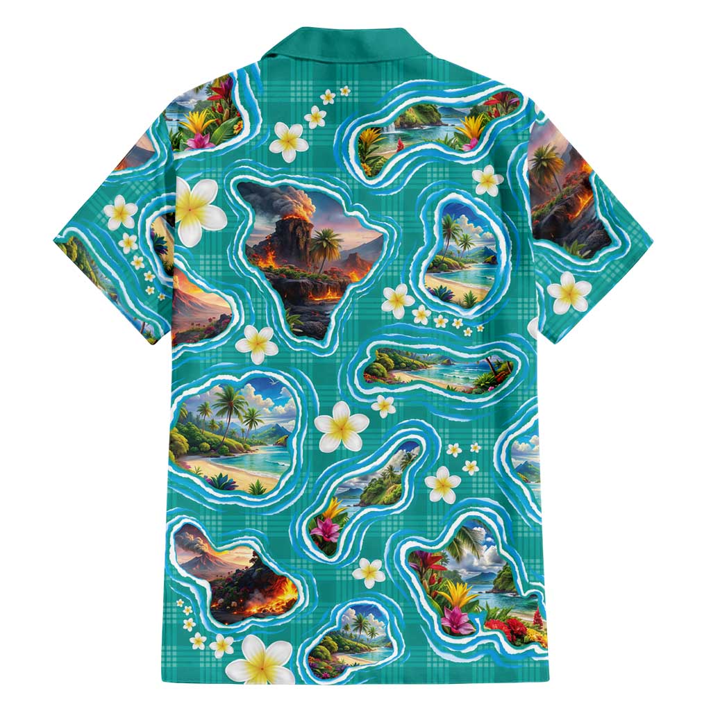 Hawaii Map with Plumeria Flower and Palaka Pattern Family Matching Off The Shoulder Long Sleeve Dress and Hawaiian Shirt Tropical Island Teal Design