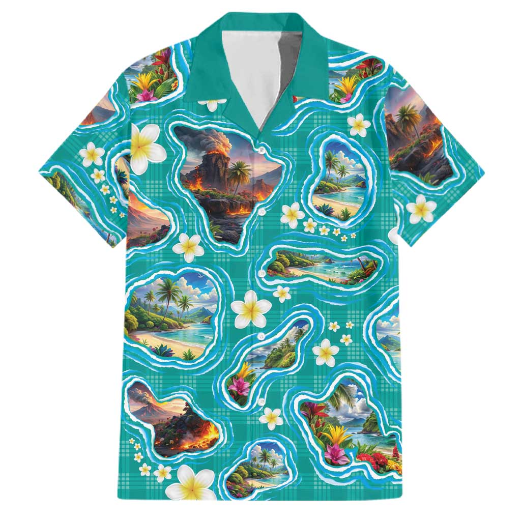 Hawaii Map with Plumeria Flower and Palaka Pattern Family Matching Off Shoulder Maxi Dress and Hawaiian Shirt Tropical Island Teal Design