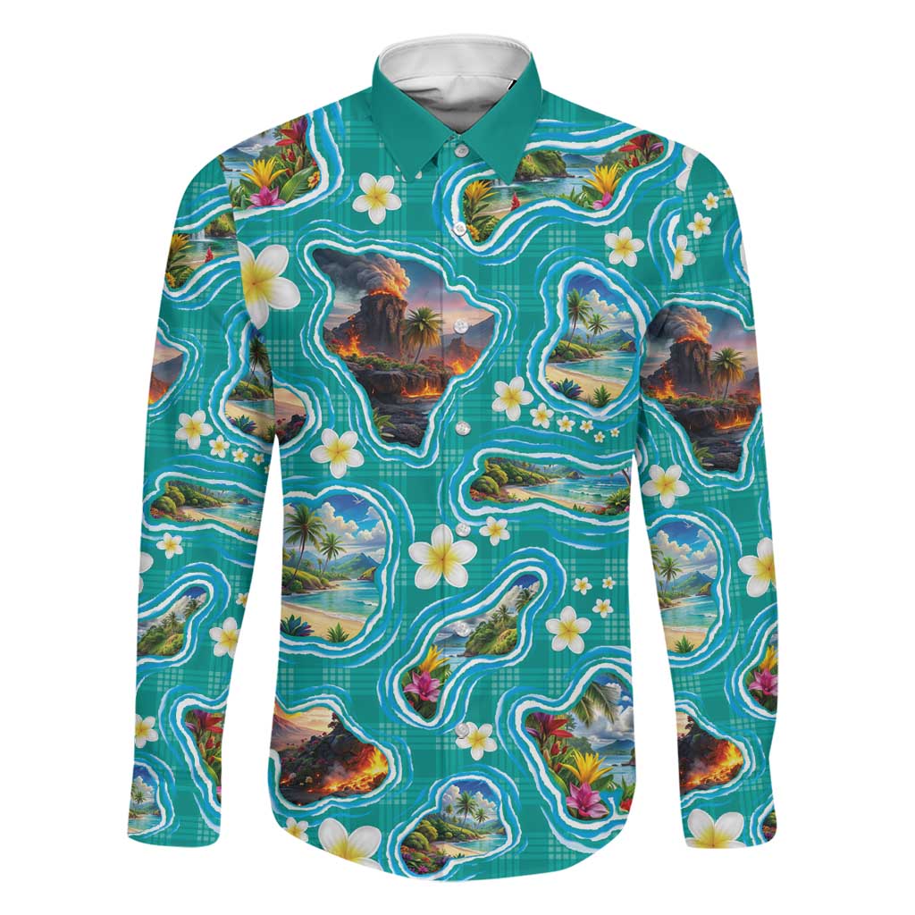 Hawaii Map with Plumeria Flower and Palaka Pattern Family Matching Off Shoulder Maxi Dress and Hawaiian Shirt Tropical Island Teal Design
