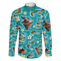Hawaii Map with Plumeria Flower and Palaka Pattern Family Matching Off Shoulder Maxi Dress and Hawaiian Shirt Tropical Island Teal Design