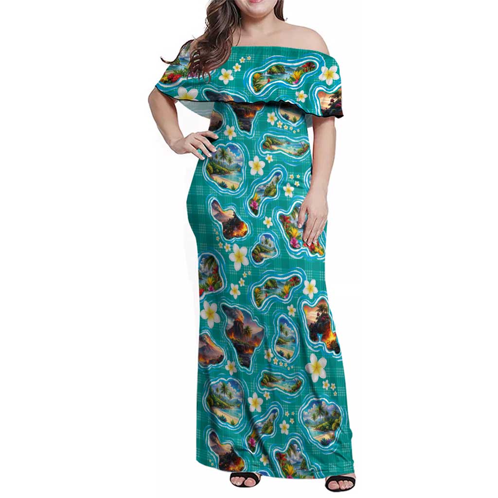 Hawaii Map with Plumeria Flower and Palaka Pattern Family Matching Off Shoulder Maxi Dress and Hawaiian Shirt Tropical Island Teal Design
