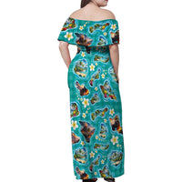 Hawaii Map with Plumeria Flower and Palaka Pattern Family Matching Off Shoulder Maxi Dress and Hawaiian Shirt Tropical Island Teal Design