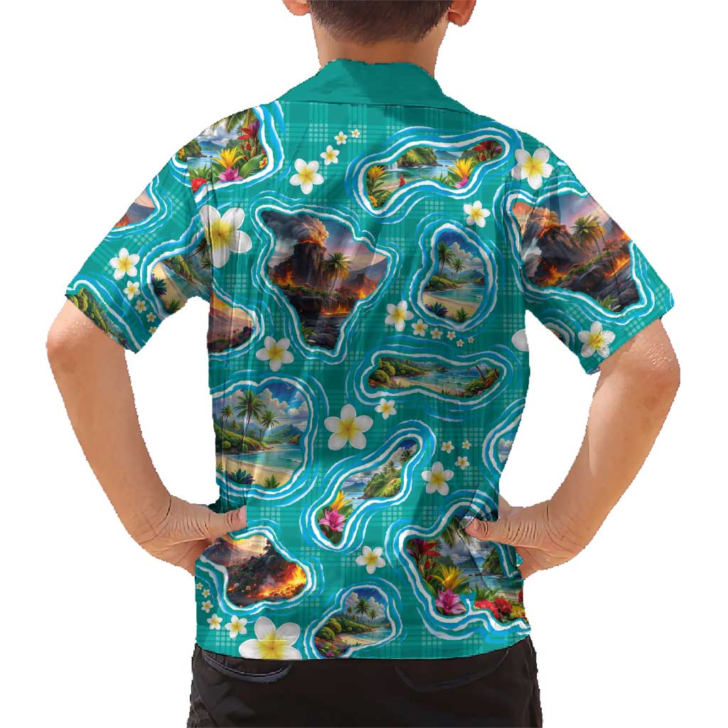 Hawaii Map with Plumeria Flower and Palaka Pattern Family Matching Puletasi and Hawaiian Shirt Tropical Island Teal Design