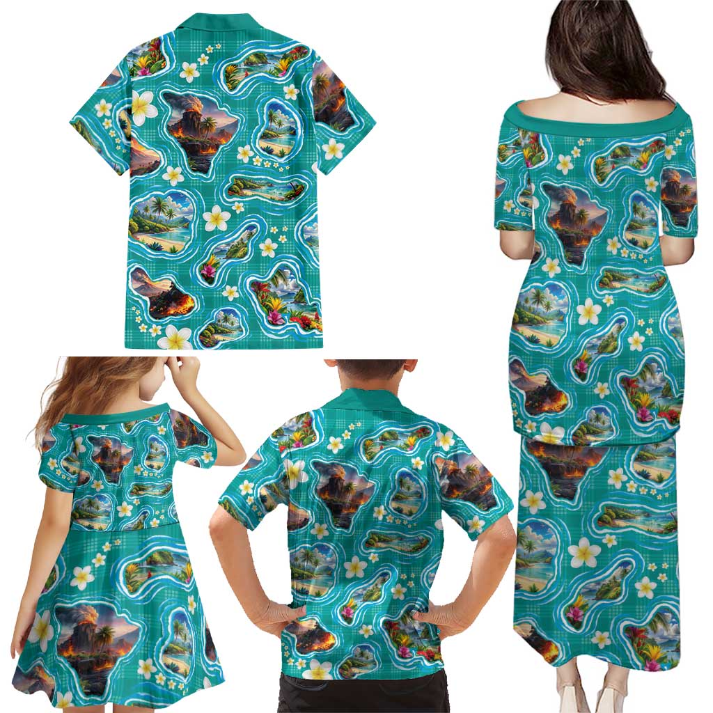 Hawaii Map with Plumeria Flower and Palaka Pattern Family Matching Puletasi and Hawaiian Shirt Tropical Island Teal Design