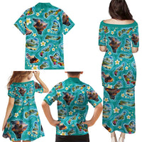 Hawaii Map with Plumeria Flower and Palaka Pattern Family Matching Puletasi and Hawaiian Shirt Tropical Island Teal Design