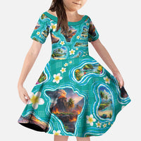 Hawaii Map with Plumeria Flower and Palaka Pattern Family Matching Summer Maxi Dress and Hawaiian Shirt Tropical Island Teal Design