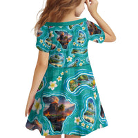 Hawaii Map with Plumeria Flower and Palaka Pattern Family Matching Summer Maxi Dress and Hawaiian Shirt Tropical Island Teal Design