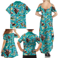 Hawaii Map with Plumeria Flower and Palaka Pattern Family Matching Summer Maxi Dress and Hawaiian Shirt Tropical Island Teal Design