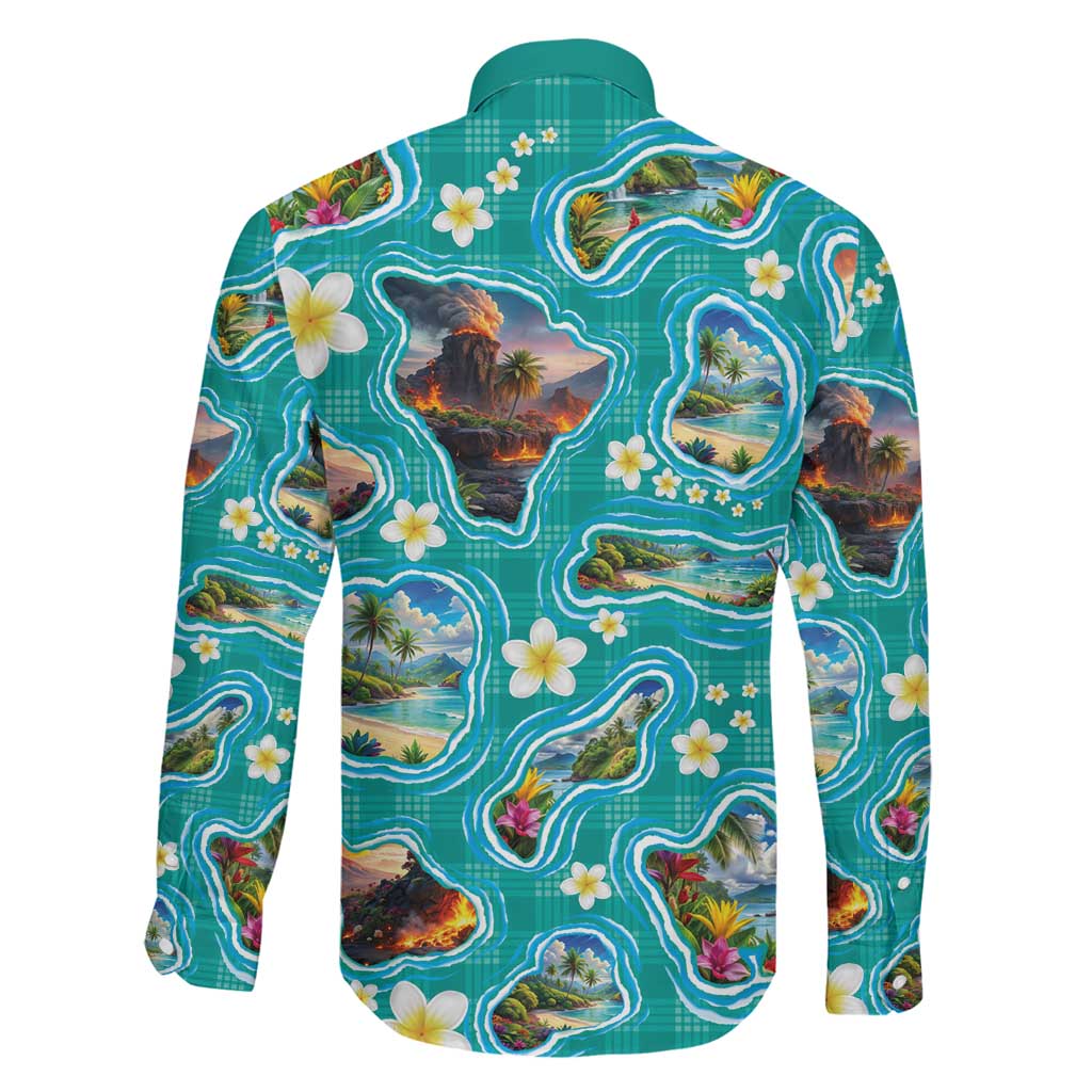 Hawaii Map with Plumeria Flower and Palaka Pattern Family Matching Summer Maxi Dress and Hawaiian Shirt Tropical Island Teal Design